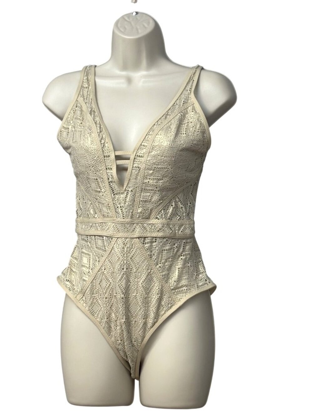 Becca Color Play Crochet Plunge One-Piece Swimsuit, Gold, M-NO REMOVABLE CUPS - Picture 4 of 15